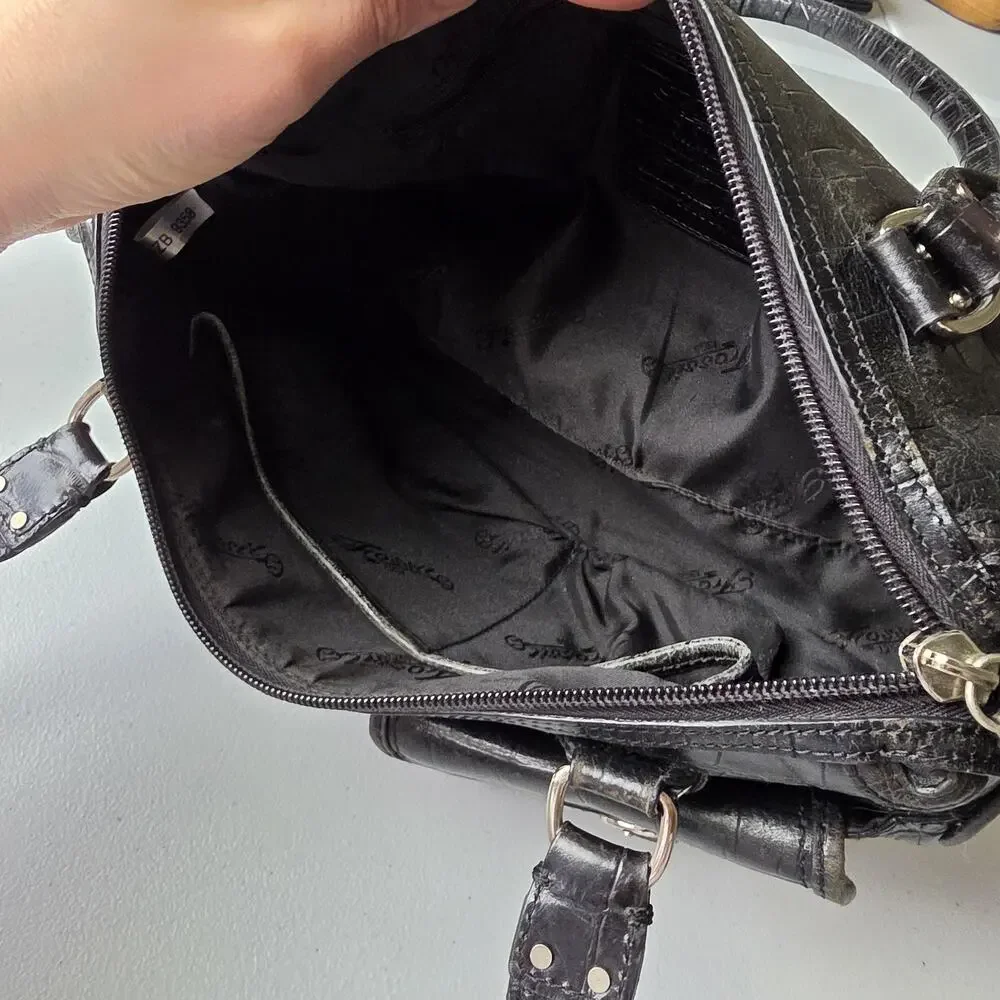 Fossil Shoulder Bag Womens Small Black Croc Embossed Leather Zip Purse Handbag
